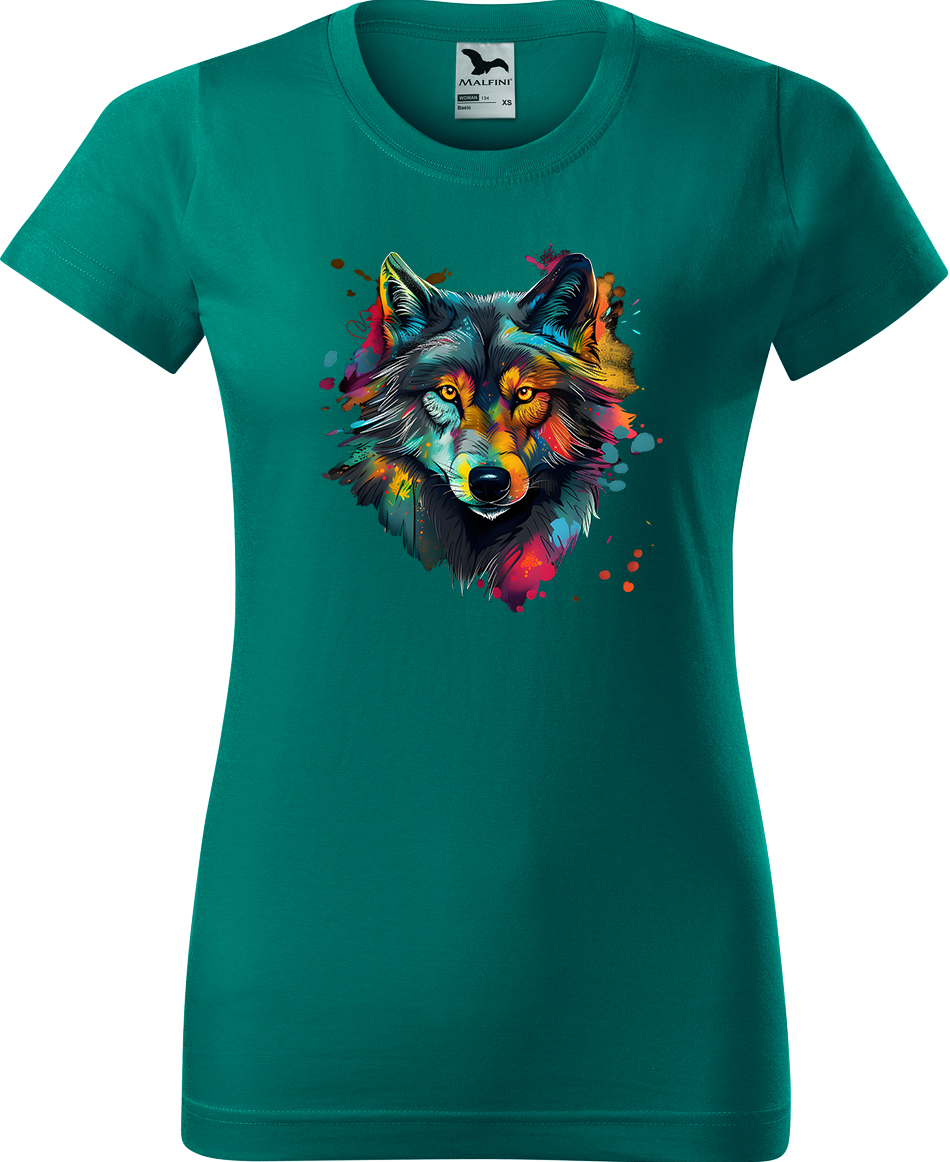 Dámské tričko s vlkem - Malovaný vlk Velikost: S, Barva: Emerald (19), Střih: dámský