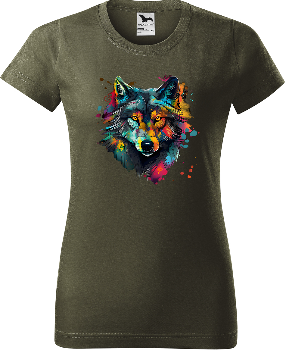 Dámské tričko s vlkem - Malovaný vlk Velikost: S, Barva: Military (69), Střih: dámský