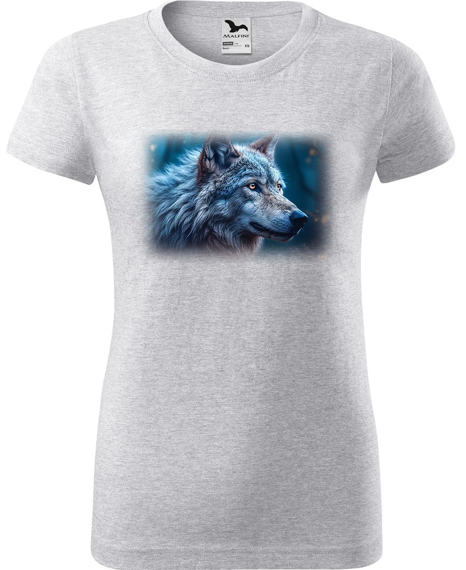 Dámské tričko s vlkem - Modrý vlk Velikost: XL, Barva: Světle šedý melír (03), Střih: dámský