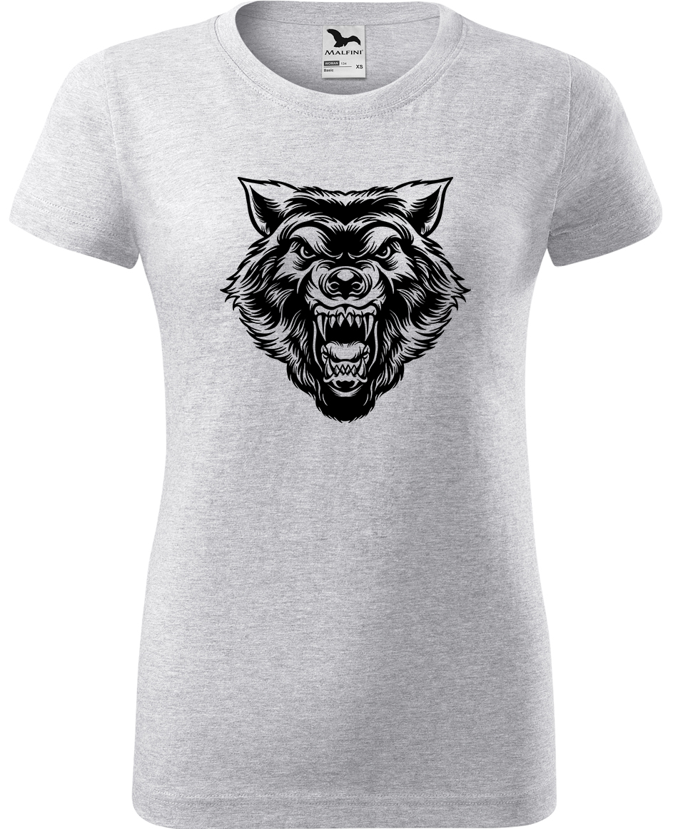 Dámské tričko s vlkem - Rozzuřený vlk Velikost: XL, Barva: Světle šedý melír (03), Střih: dámský