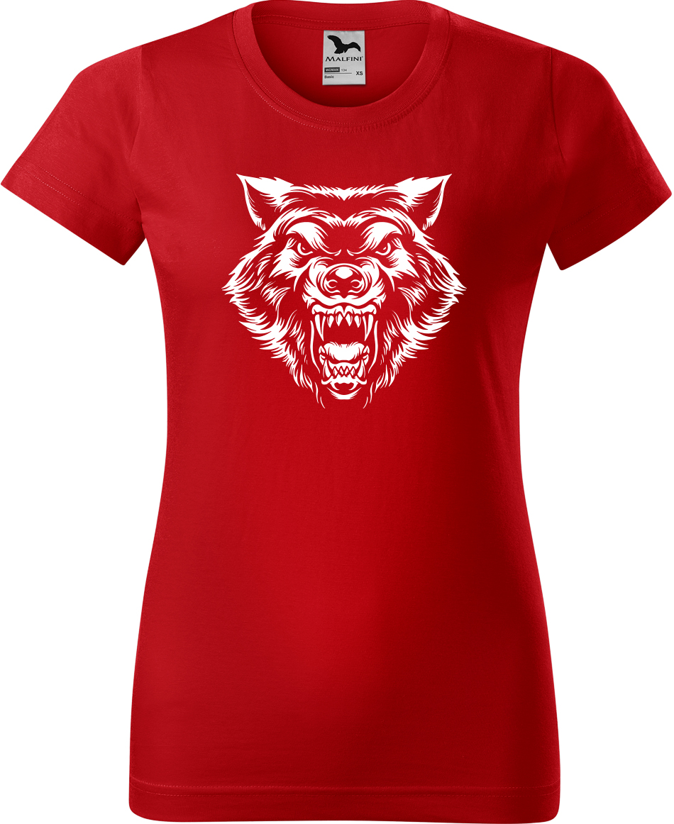 Dámské tričko s vlkem - Rozzuřený vlk Velikost: XL, Barva: Červená (07), Střih: dámský