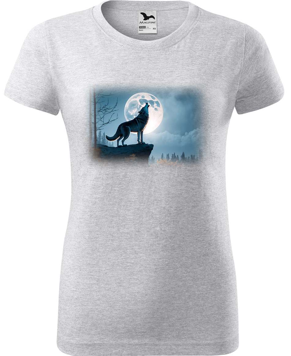 Dámské tričko s vlkem - Vyjící vlk Velikost: XL, Barva: Světle šedý melír (03), Střih: dámský