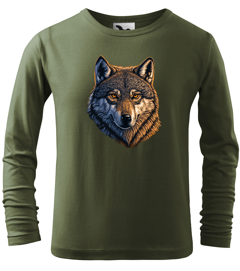 Dětské tričko s vlkem - Hlava vlka (dlouhý rukáv) Velikost: 4 roky / 110 cm, Barva: Khaki (09), Délka rukávu: Dlouhý rukáv