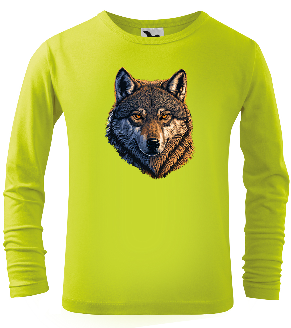 Dětské tričko s vlkem - Hlava vlka (dlouhý rukáv) Velikost: 4 roky / 110 cm, Barva: Limetková (62), Délka rukávu: Dlouhý rukáv