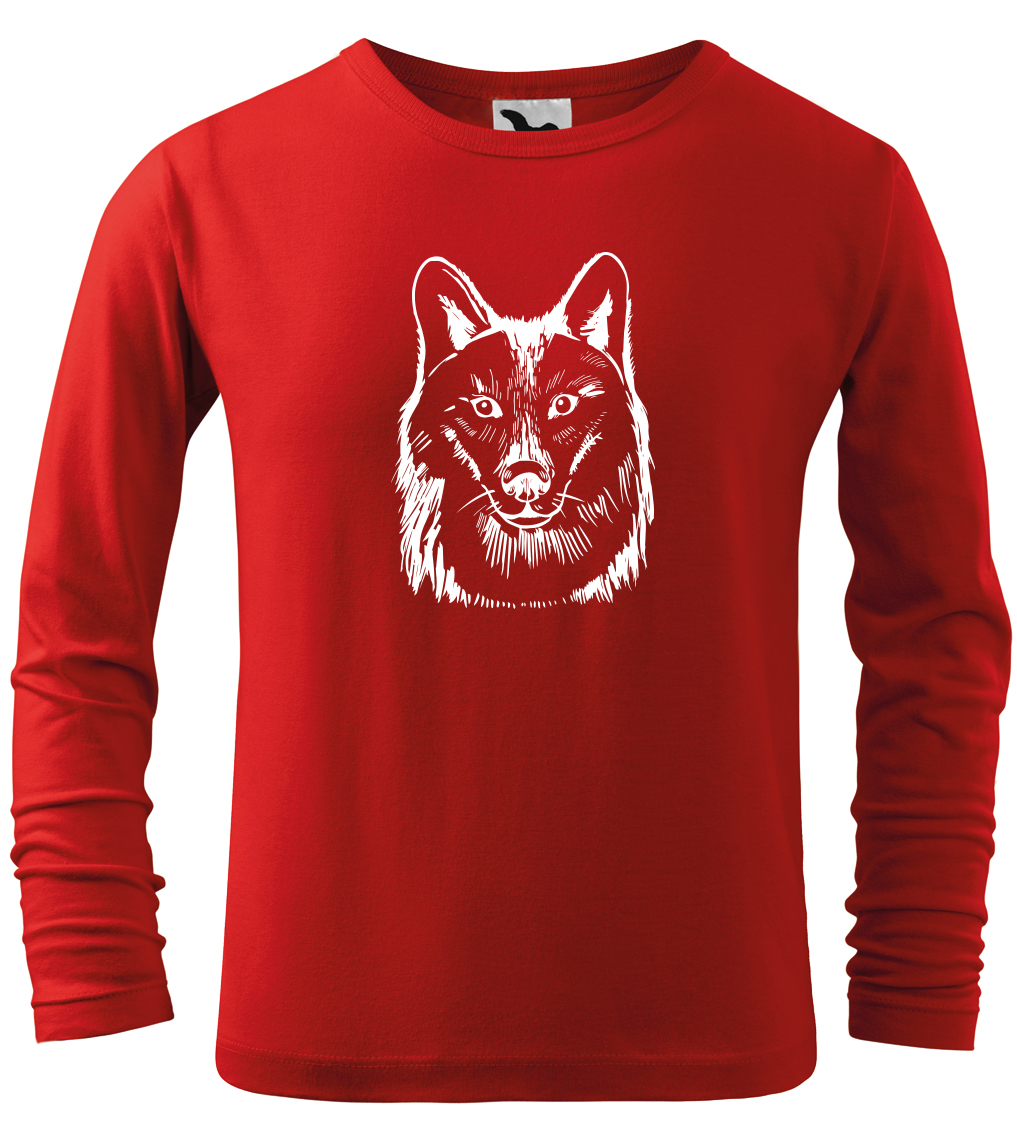 Dětské tričko s vlkem - Kresba vlka (dlouhý rukáv) Velikost: 12 let / 158 cm, Barva: Červená (07), Délka rukávu: Dlouhý rukáv