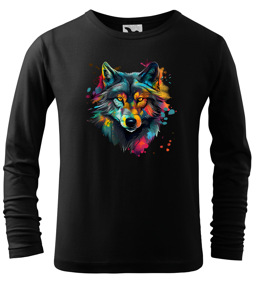 Dětské tričko s vlkem - Malovaný vlk (dlouhý rukáv) Velikost: 4 roky / 110 cm, Barva: Černá (01), Délka rukávu: Dlouhý rukáv