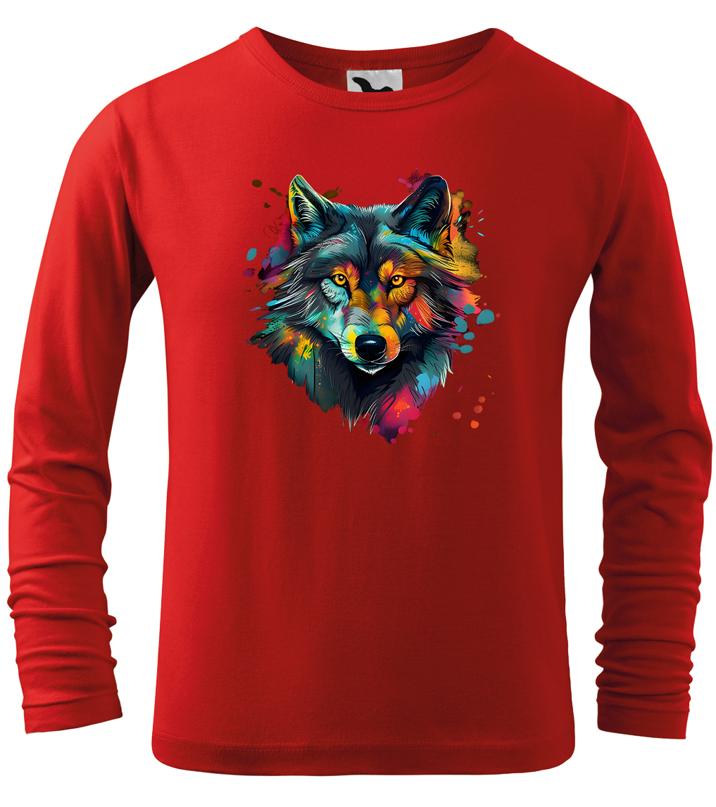 Dětské tričko s vlkem - Malovaný vlk (dlouhý rukáv) Velikost: 4 roky / 110 cm, Barva: Červená (07), Délka rukávu: Dlouhý rukáv