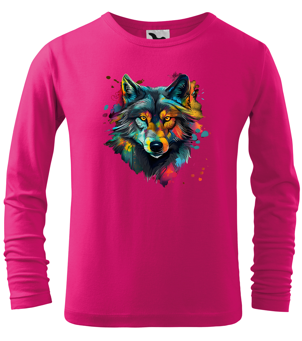 Dětské tričko s vlkem - Malovaný vlk (dlouhý rukáv) Velikost: 4 roky / 110 cm, Barva: Malinová (63), Délka rukávu: Dlouhý rukáv