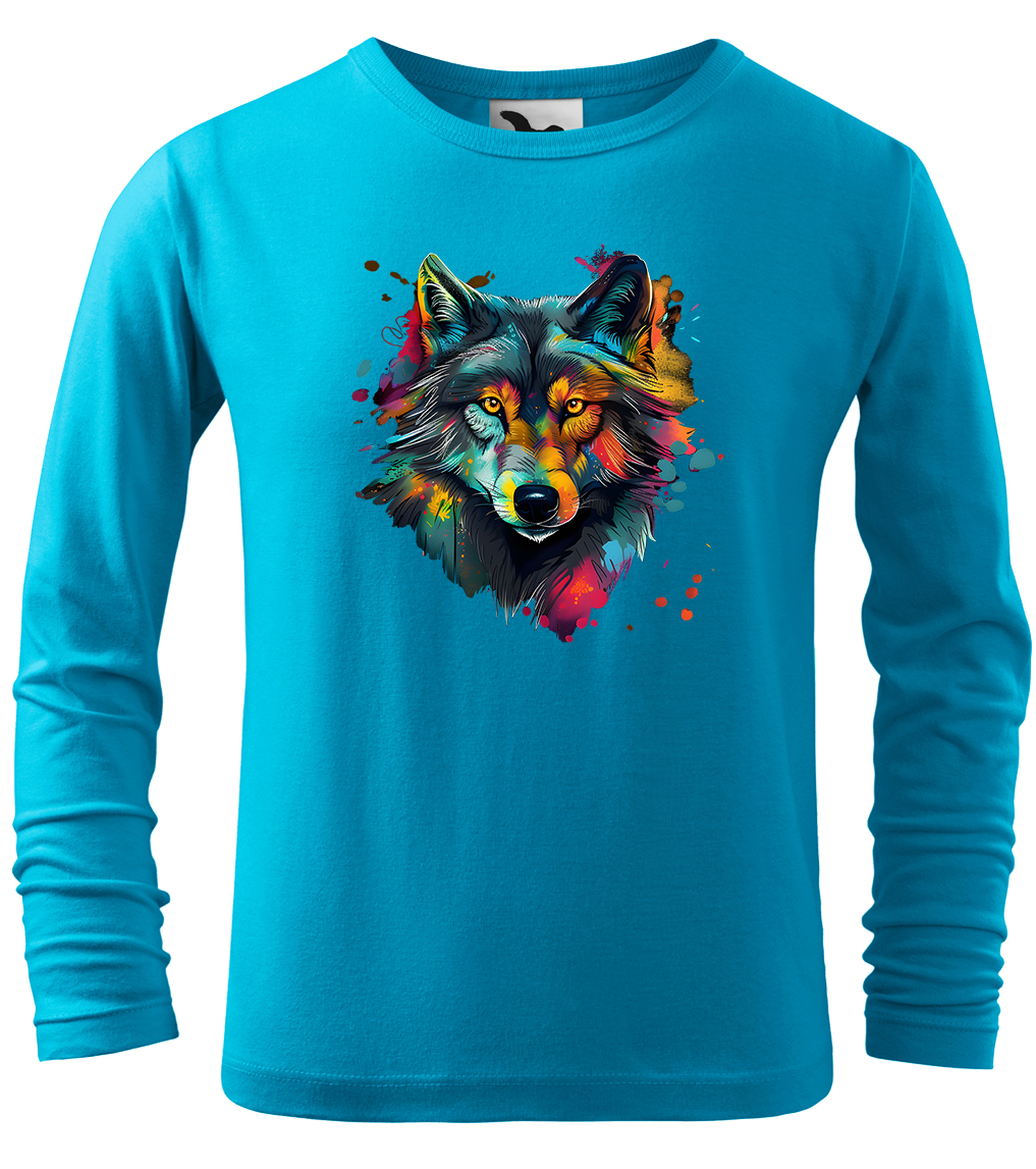 Dětské tričko s vlkem - Malovaný vlk (dlouhý rukáv) Velikost: 4 roky / 110 cm, Barva: Tyrkysová (44), Délka rukávu: Dlouhý rukáv