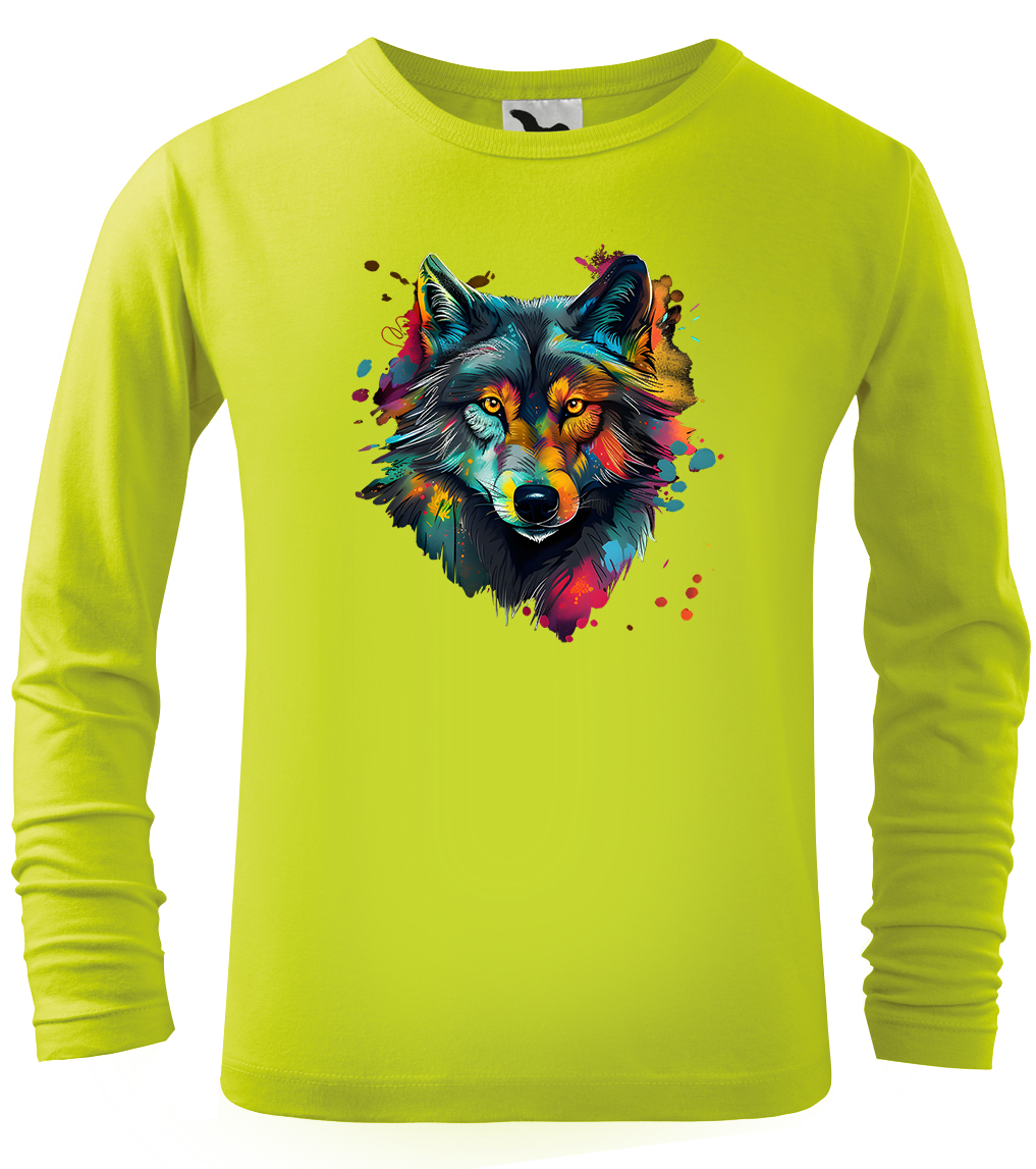 Dětské tričko s vlkem - Malovaný vlk (dlouhý rukáv) Velikost: 4 roky / 110 cm, Barva: Limetková (62), Délka rukávu: Dlouhý rukáv
