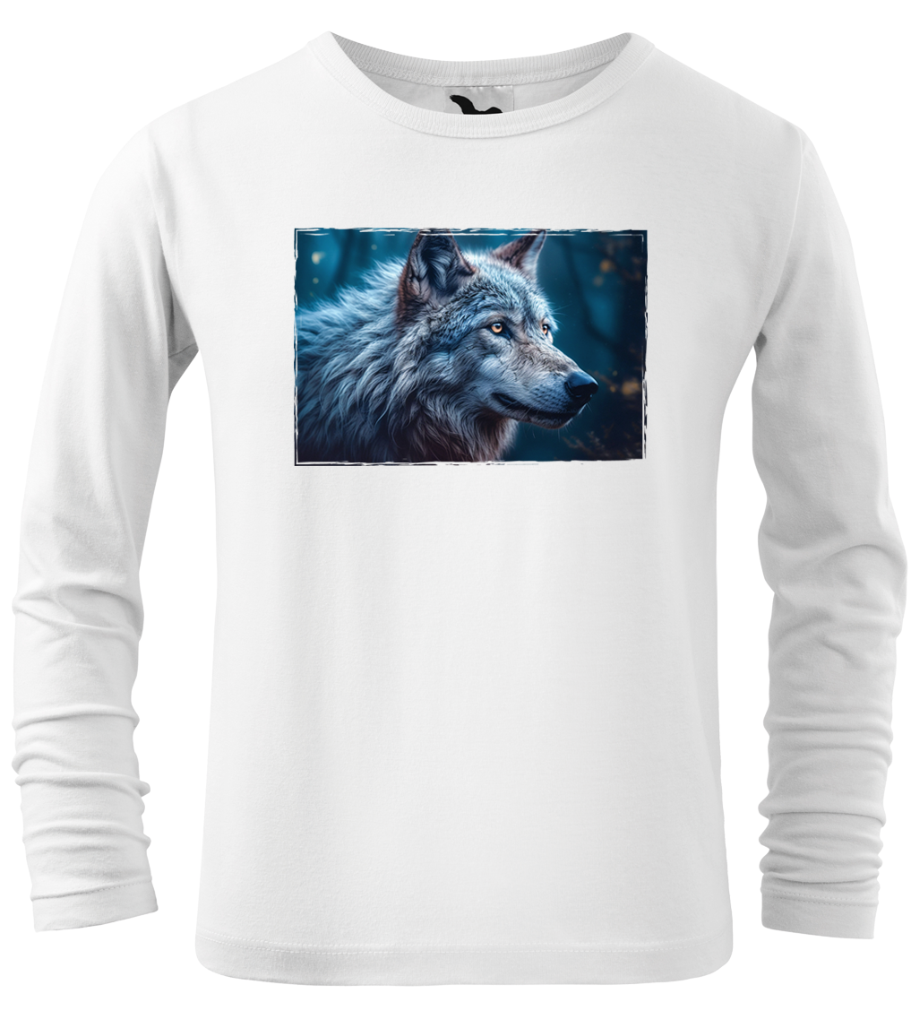 Dětské tričko s vlkem - Modrý vlk (dlouhý rukáv) Velikost: 4 roky / 110 cm, Barva: Bílá (00), Délka rukávu: Dlouhý rukáv