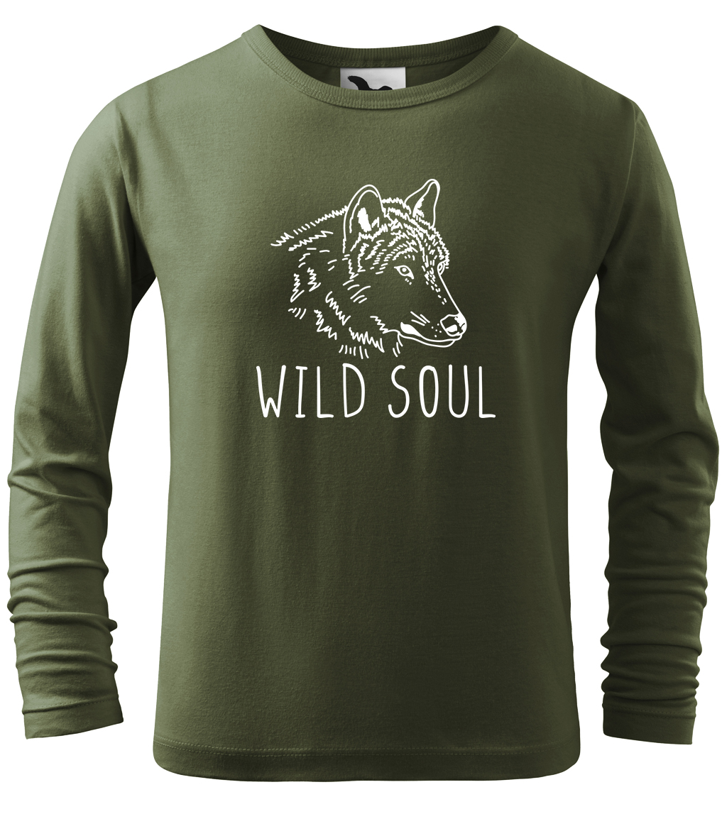 Dětské tričko s vlkem - Wild soul (dlouhý rukáv) Velikost: 4 roky / 110 cm, Barva: Khaki (09), Délka rukávu: Dlouhý rukáv