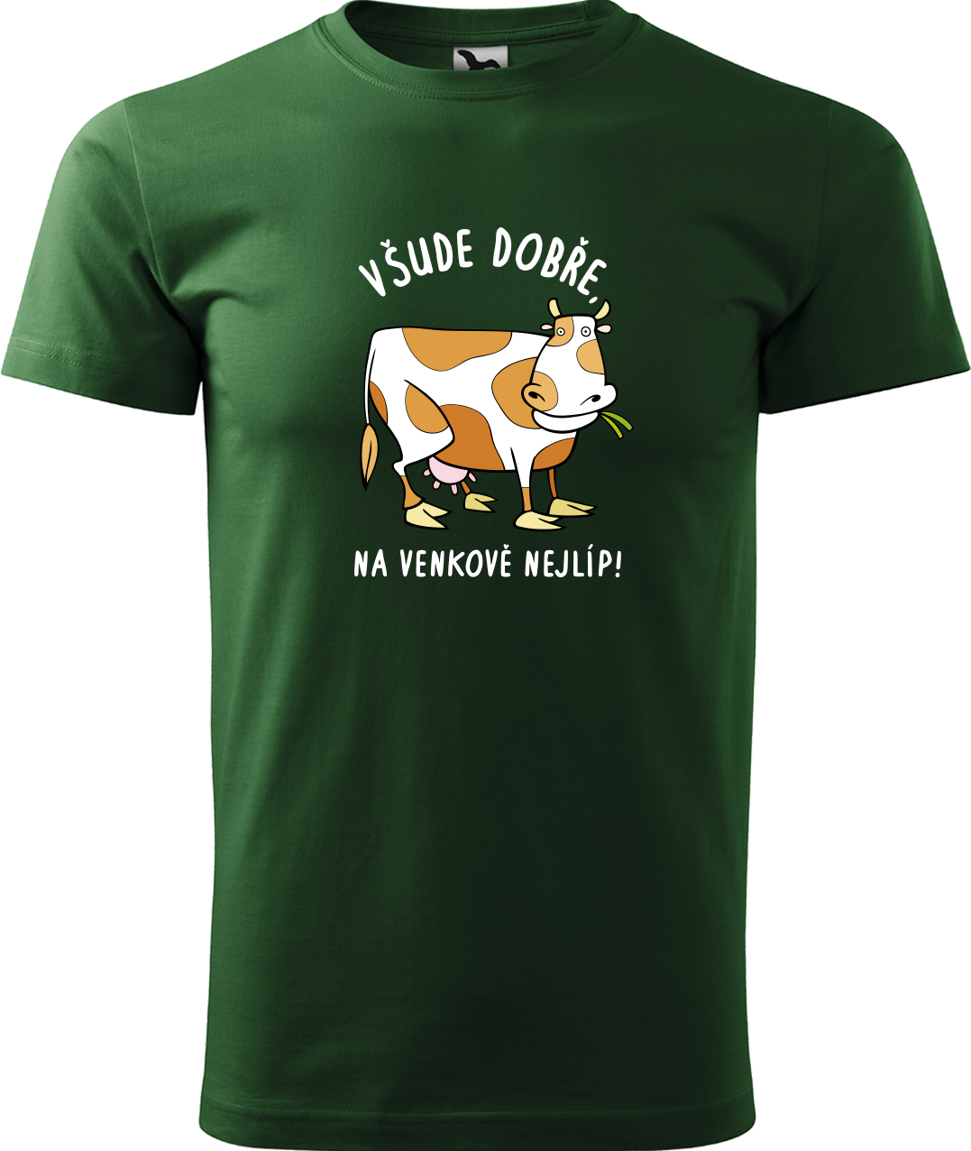 Pánské tričko s krávou - Všude dobře, na venkově nejlíp! Velikost: XL, Barva: Lahvově zelená (06), Střih: pánský
