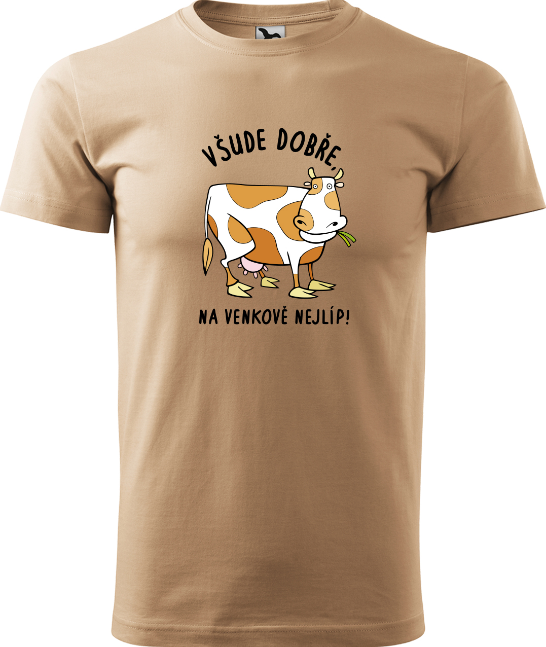 Pánské tričko s krávou - Všude dobře, na venkově nejlíp! Velikost: XL, Barva: Písková (08), Střih: pánský