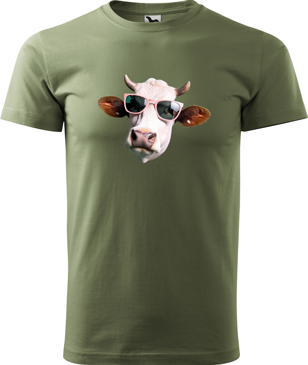 Pánské tričko s krávou - Kráva v brýlích Velikost: M, Barva: Světlá khaki (28), Střih: pánský