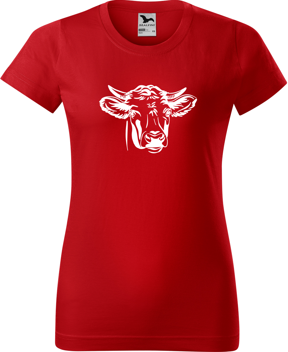 Dámské tričko s krávou - Hlava krávy Velikost: L, Barva: Červená (07), Střih: dámský