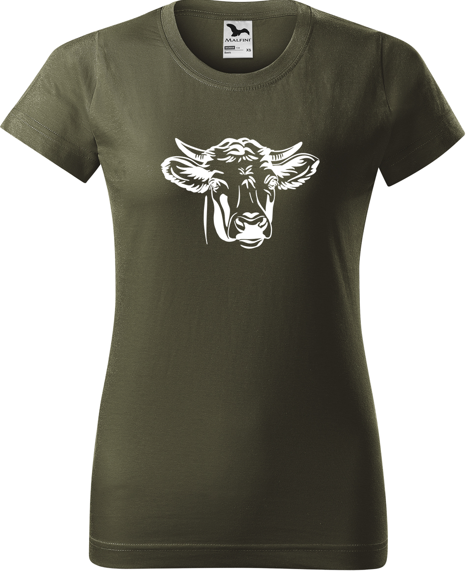 Dámské tričko s krávou - Hlava krávy Velikost: 2XL, Barva: Military (69), Střih: dámský