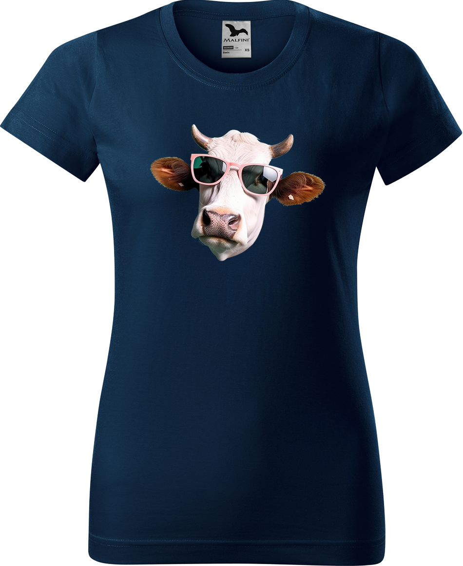 Dámské tričko s krávou - Kráva v brýlích Velikost: L, Barva: Námořní modrá (02), Střih: dámský