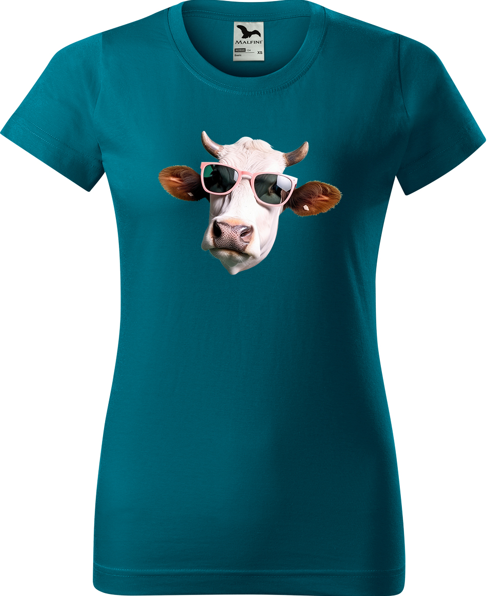 Dámské tričko s krávou - Kráva v brýlích Velikost: XL, Barva: Petrolejová (93), Střih: dámský