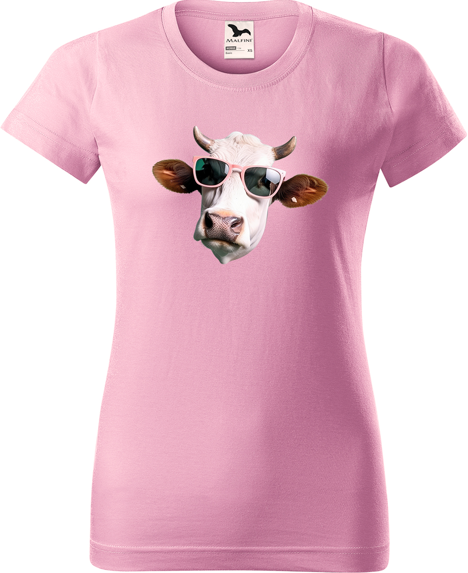 Dámské tričko s krávou - Kráva v brýlích Velikost: S, Barva: Růžová (30), Střih: dámský
