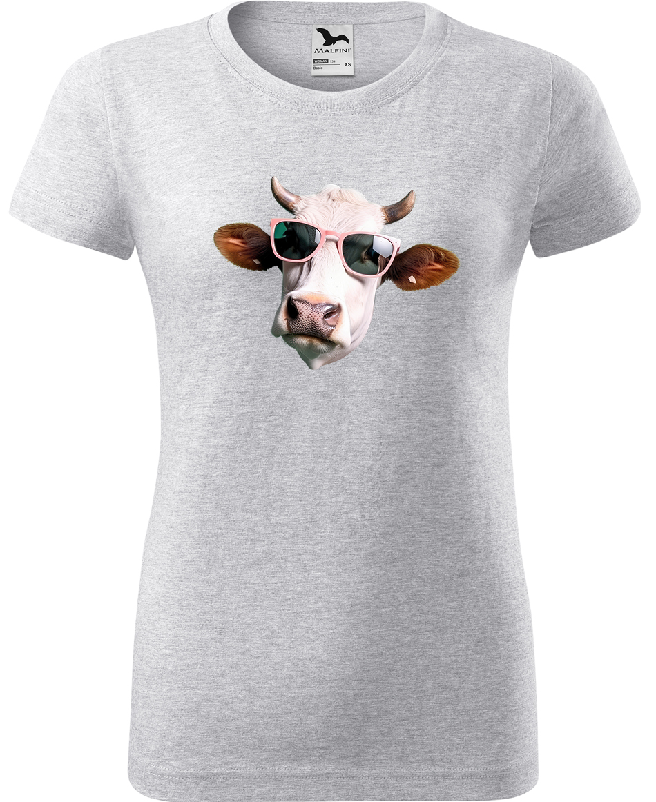 Dámské tričko s krávou - Kráva v brýlích Velikost: S, Barva: Světle šedý melír (03), Střih: dámský