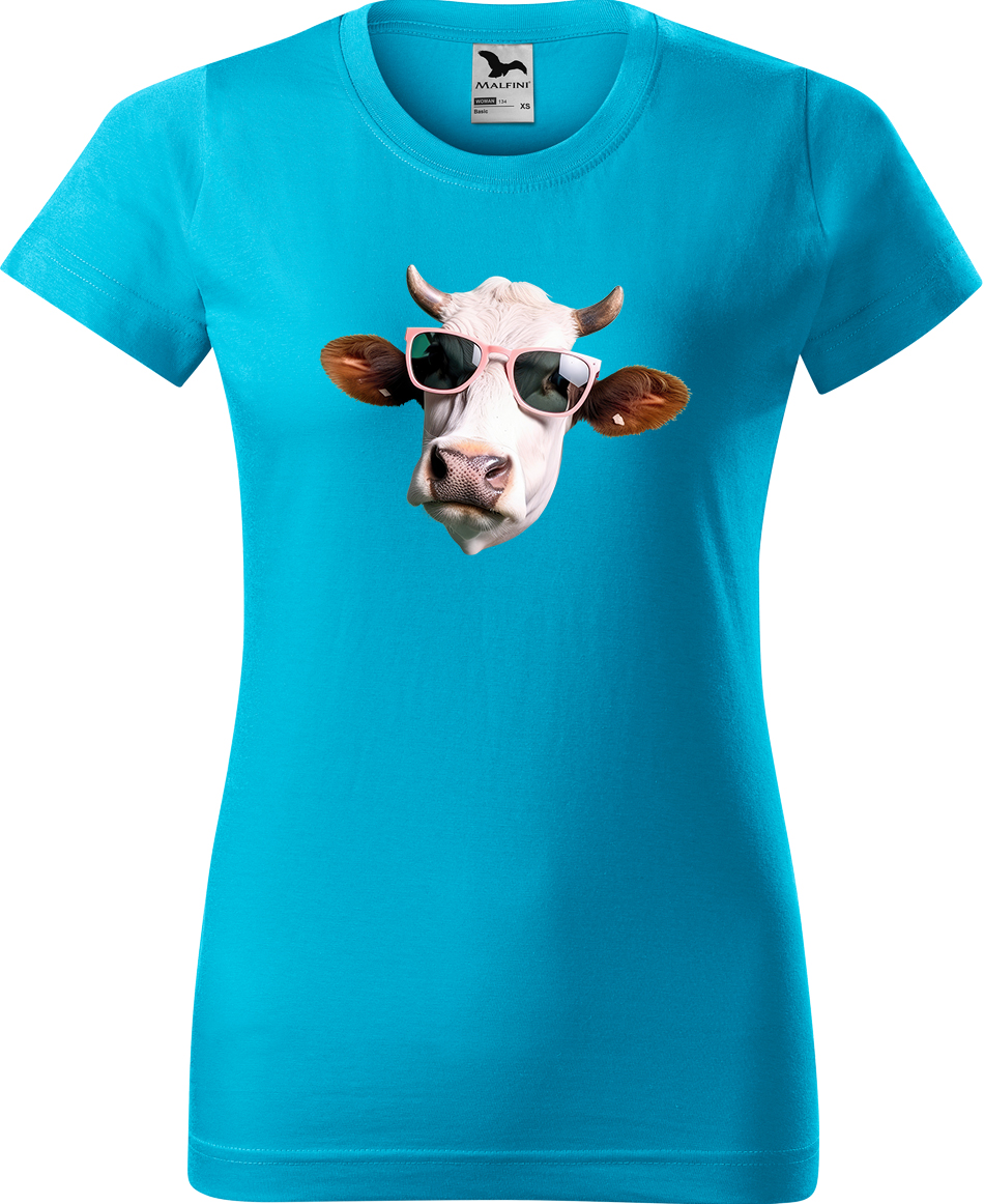 Dámské tričko s krávou - Kráva v brýlích Velikost: M, Barva: Tyrkysová (44), Střih: pánský