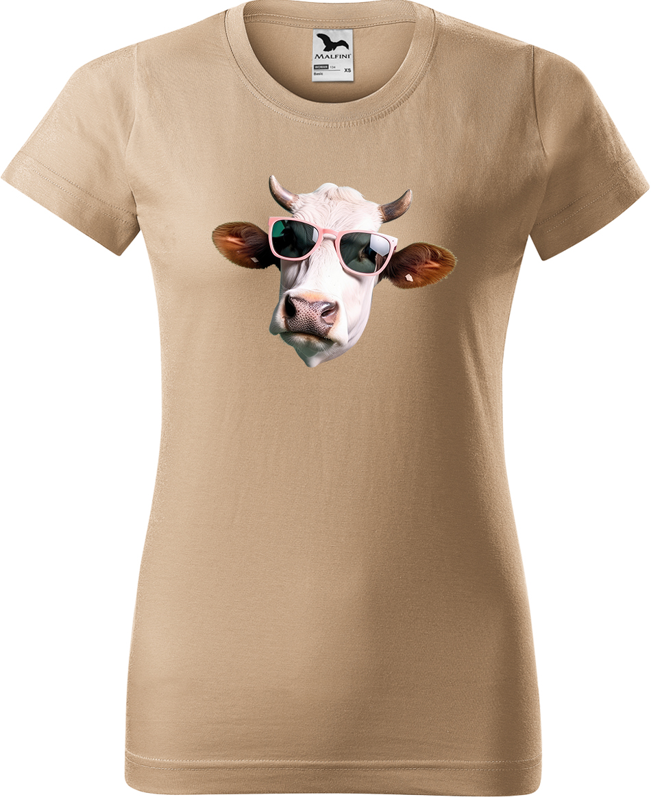 Dámské tričko s krávou - Kráva v brýlích Velikost: XL, Barva: Písková (08), Střih: dámský