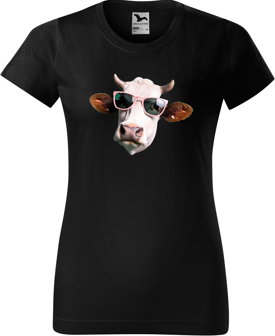 Dámské tričko s krávou - Kráva v brýlích Velikost: S, Barva: Černá (01), Střih: dámský