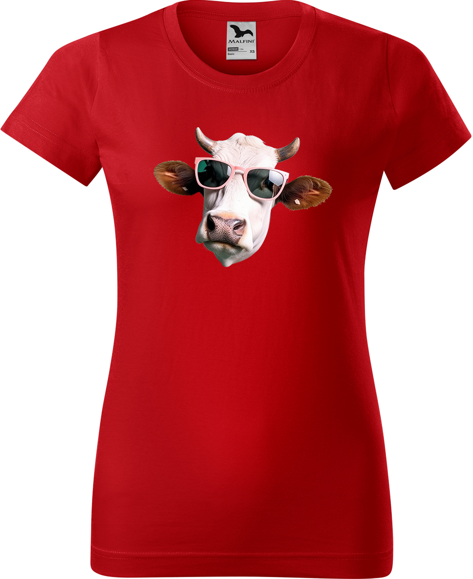 Dámské tričko s krávou - Kráva v brýlích Velikost: L, Barva: Červená (07), Střih: dámský