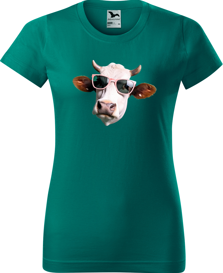 Dámské tričko s krávou - Kráva v brýlích Velikost: S, Barva: Emerald (19), Střih: dámský