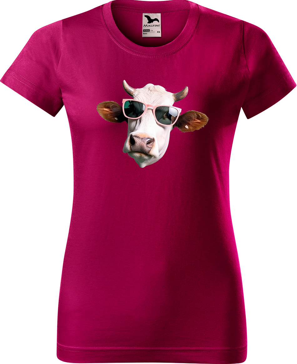 Dámské tričko s krávou - Kráva v brýlích Velikost: S, Barva: Fuchsia red (49), Střih: dámský