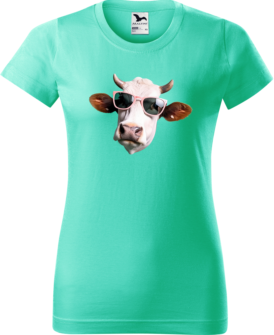 Dámské tričko s krávou - Kráva v brýlích Velikost: L, Barva: Mátová (95), Střih: dámský