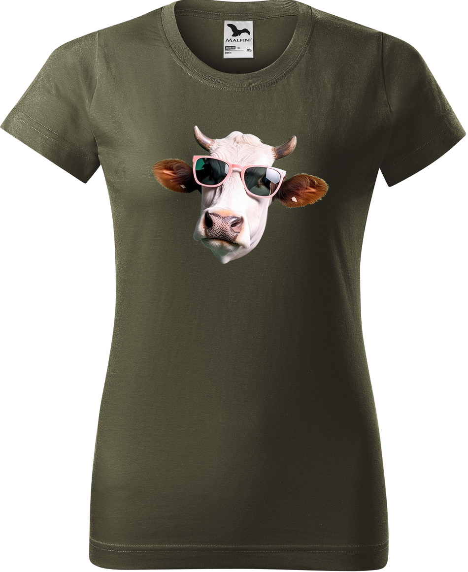 Dámské tričko s krávou - Kráva v brýlích Velikost: S, Barva: Military (69), Střih: dámský