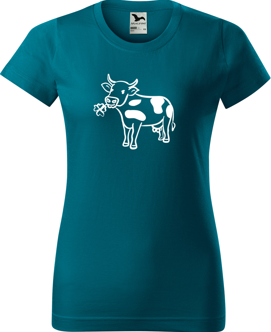 Dámské tričko s krávou - Kravička a jetel Velikost: S, Barva: Petrolejová (93), Střih: dámský