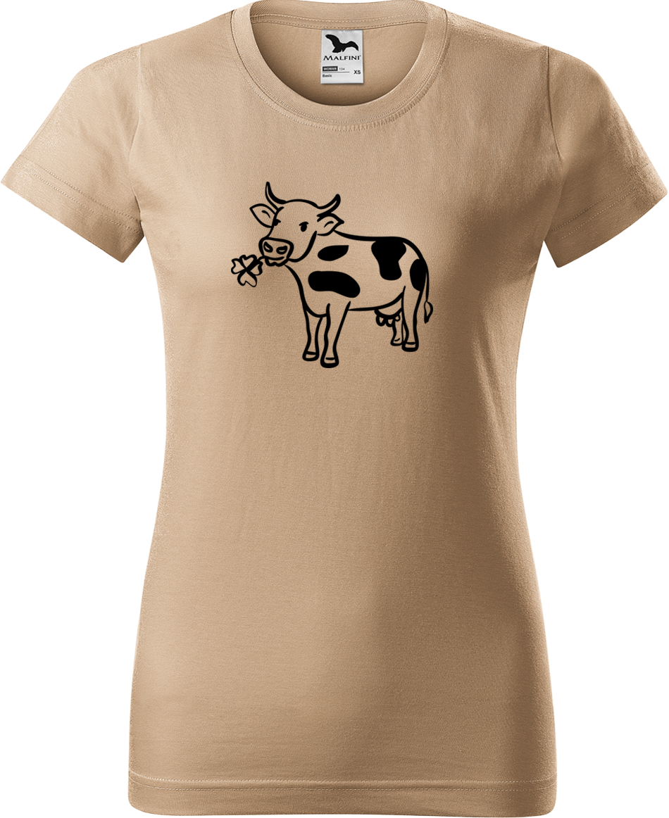 Dámské tričko s krávou - Kravička a jetel Velikost: S, Barva: Béžová (51), Střih: dámský