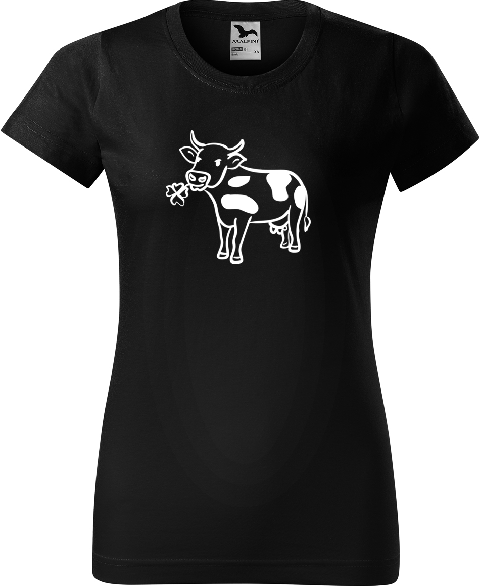 Dámské tričko s krávou - Kravička a jetel Velikost: XL, Barva: Černá (01), Střih: dámský