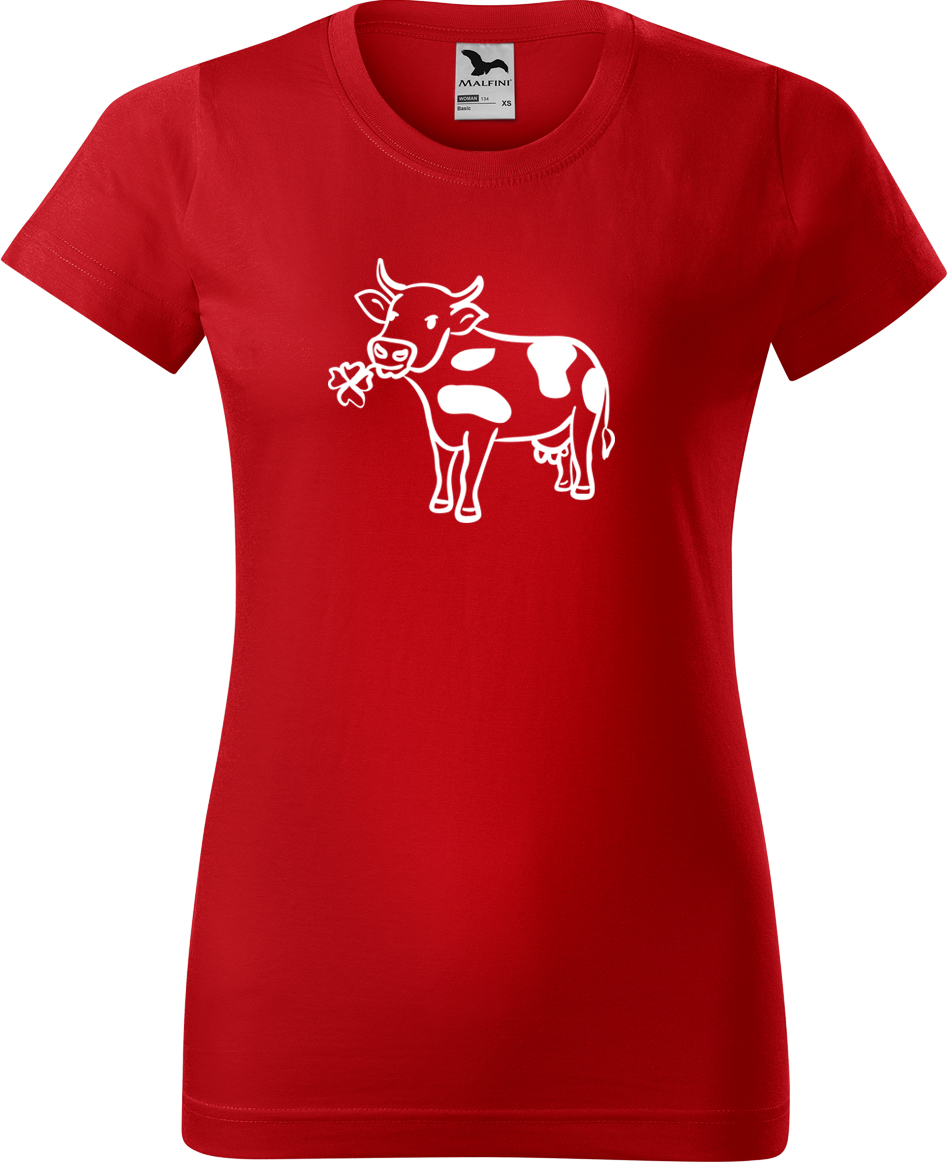 Dámské tričko s krávou - Kravička a jetel Velikost: M, Barva: Červená (07), Střih: dámský