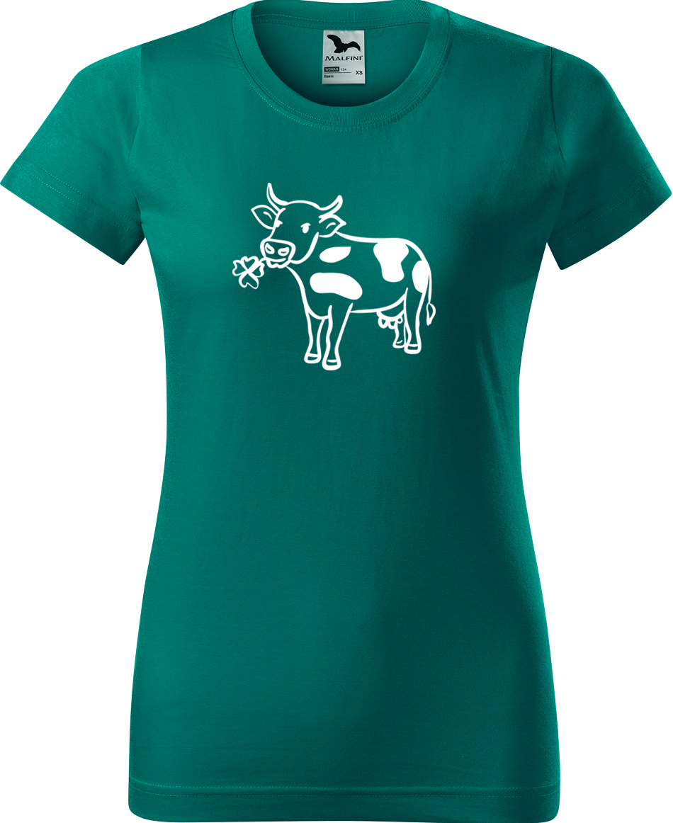 Dámské tričko s krávou - Kravička a jetel Velikost: XL, Barva: Emerald (19), Střih: dámský