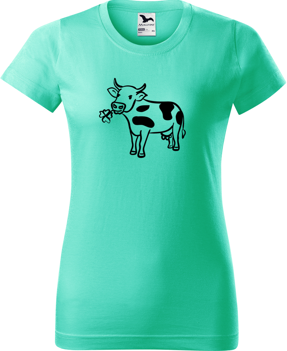 Dámské tričko s krávou - Kravička a jetel Velikost: XL, Barva: Mátová (95), Střih: dámský