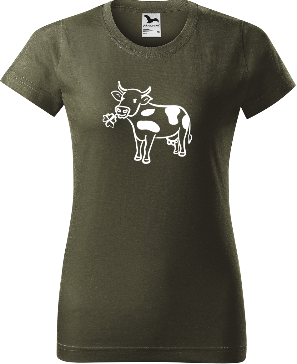 Dámské tričko s krávou - Kravička a jetel Velikost: S, Barva: Military (69), Střih: dámský