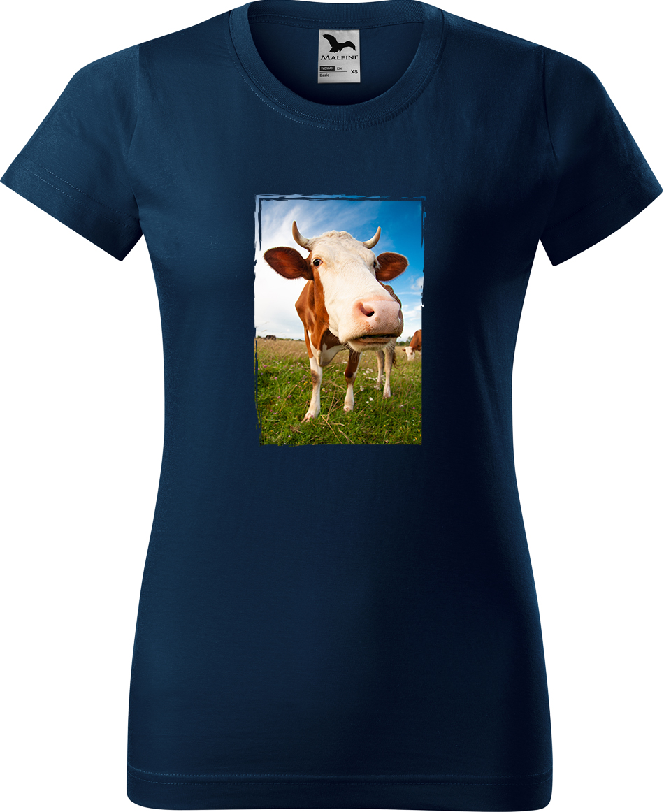 Dámské tričko s krávou - Na pastvě Velikost: L, Barva: Námořní modrá (02), Střih: dámský