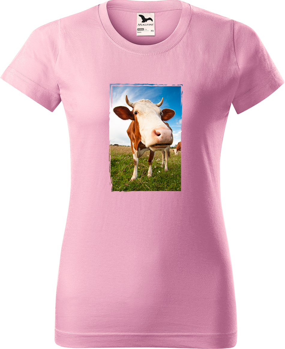 Dámské tričko s krávou - Na pastvě Velikost: L, Barva: Růžová (30), Střih: dámský