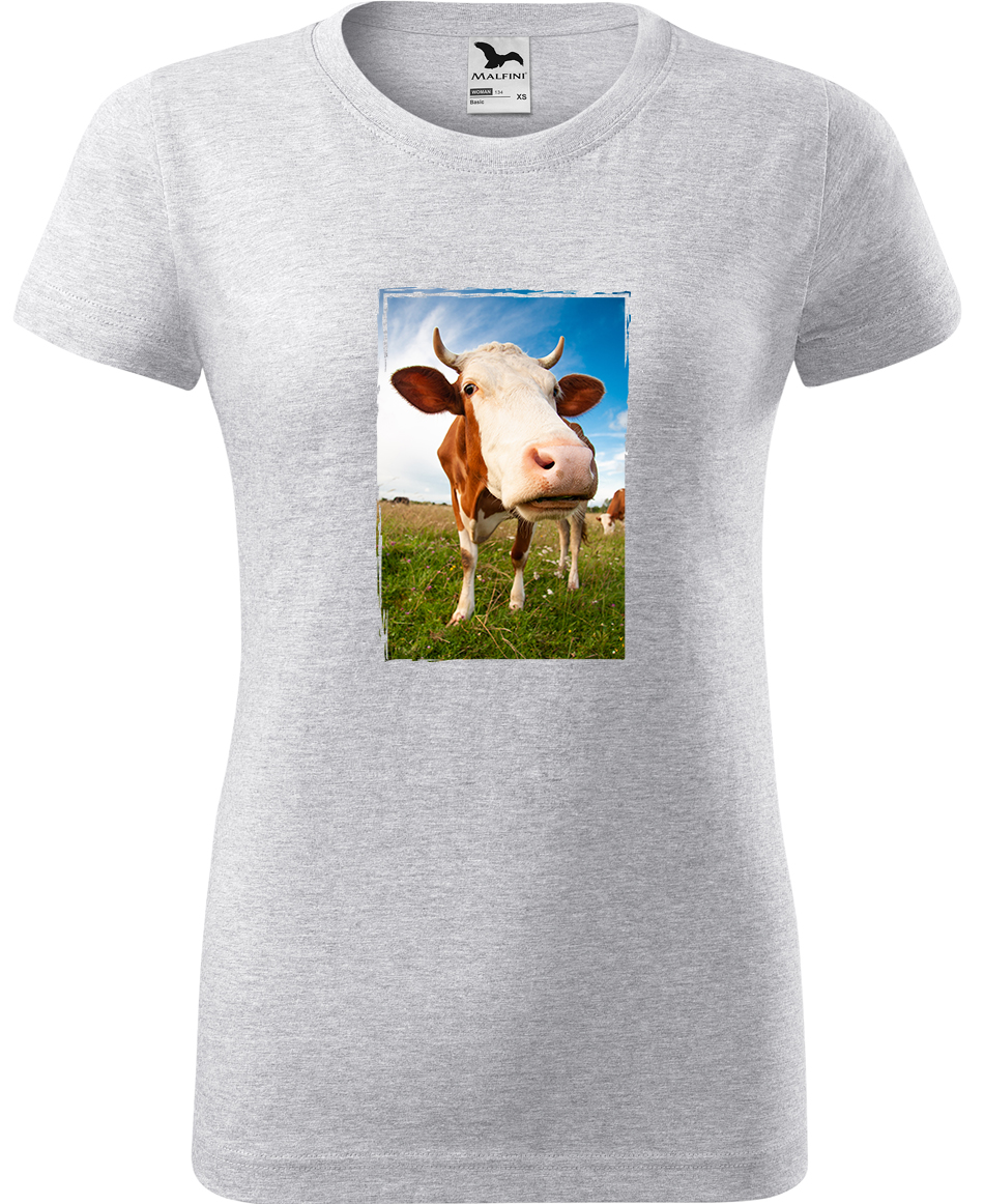 Dámské tričko s krávou - Na pastvě Velikost: XL, Barva: Světle šedý melír (03), Střih: dámský