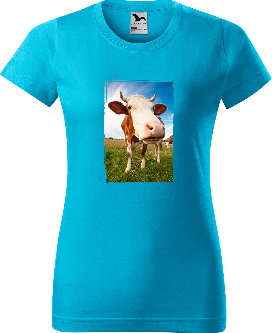 Dámské tričko s krávou - Na pastvě Velikost: XL, Barva: Tyrkysová (44), Střih: dámský