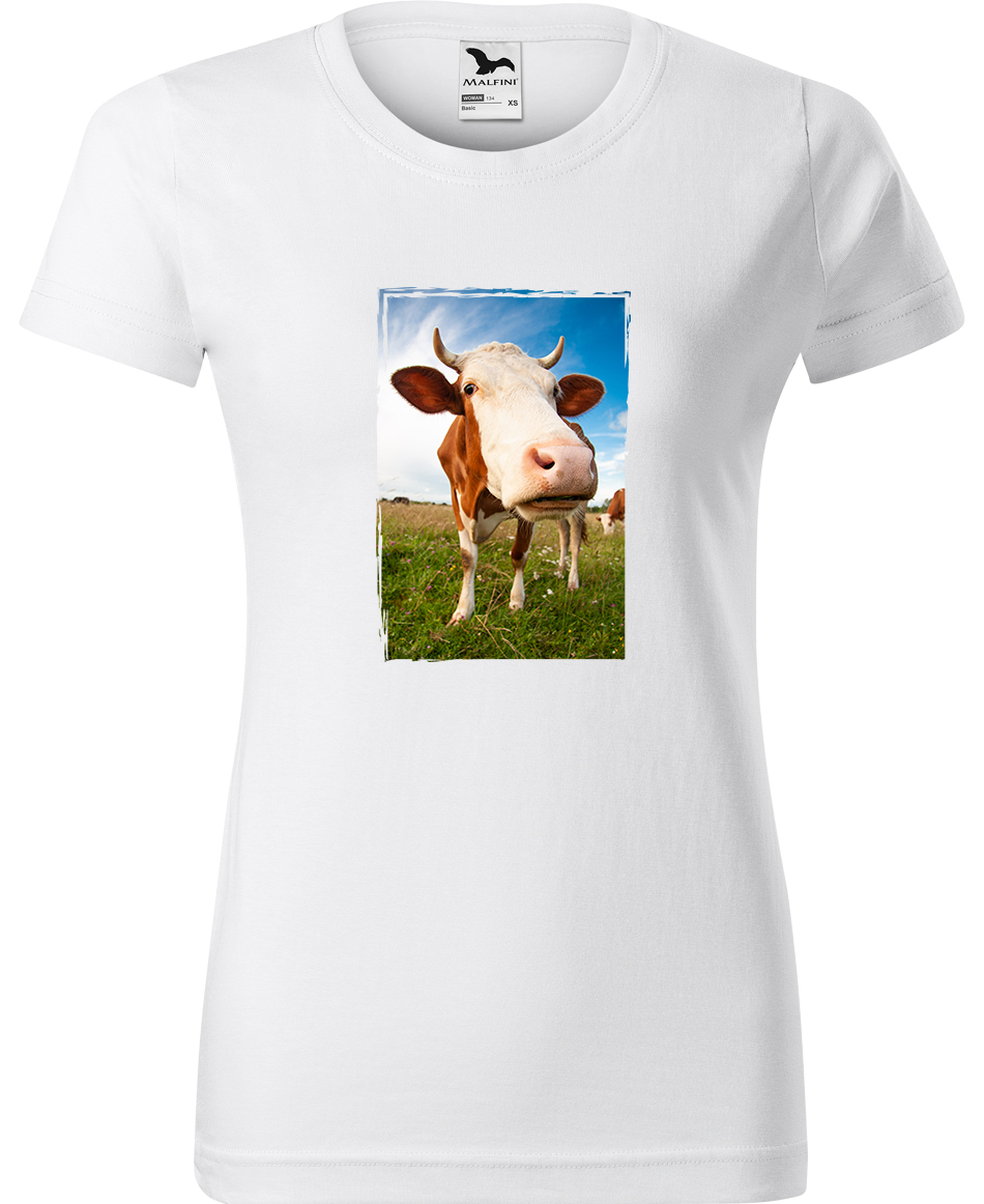 Dámské tričko s krávou - Na pastvě Velikost: M, Barva: Bílá (00), Střih: dámský