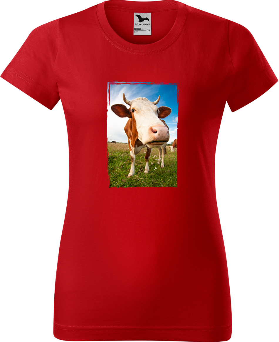 Dámské tričko s krávou - Na pastvě Velikost: L, Barva: Červená (07), Střih: dámský