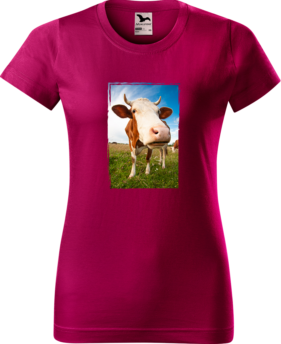 Dámské tričko s krávou - Na pastvě Velikost: S, Barva: Fuchsia red (49), Střih: dámský
