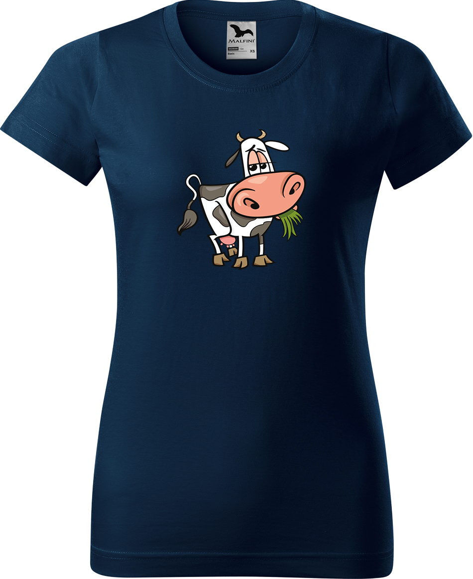 Dámské tričko s krávou - Obrázek spokojené krávy Velikost: L, Barva: Námořní modrá (02), Střih: dámský