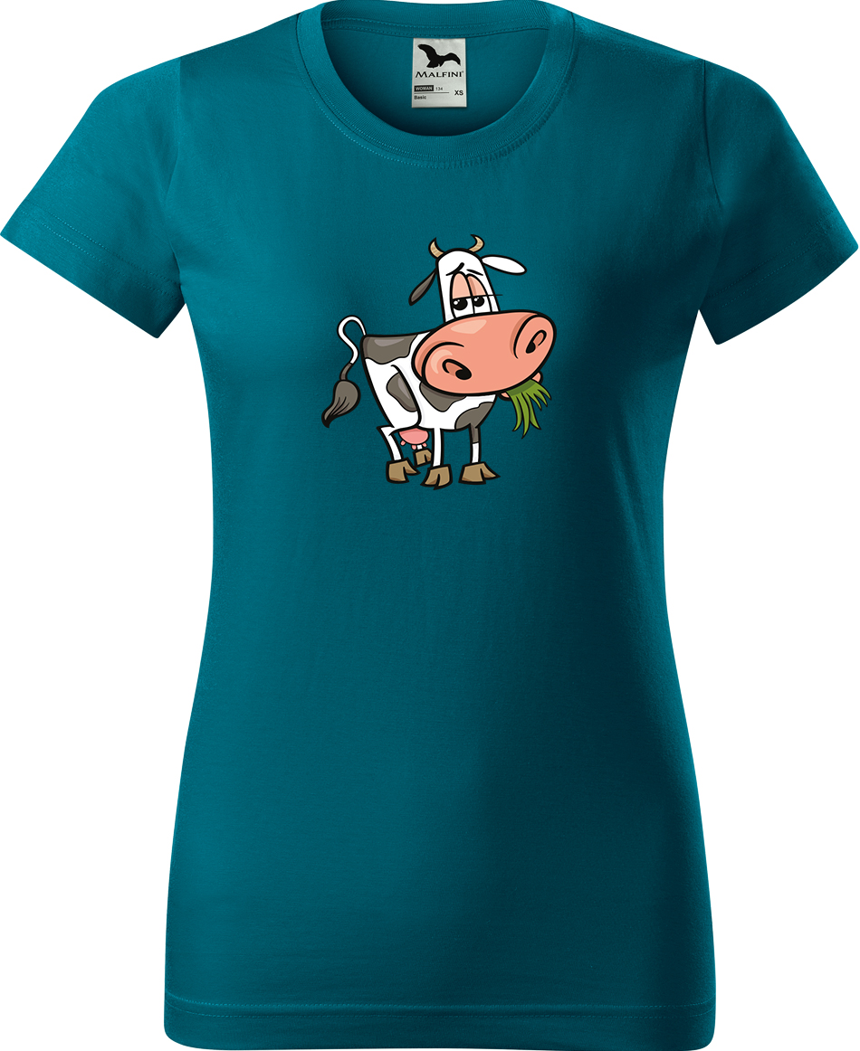 Dámské tričko s krávou - Obrázek spokojené krávy Velikost: S, Barva: Petrolejová (93), Střih: dámský