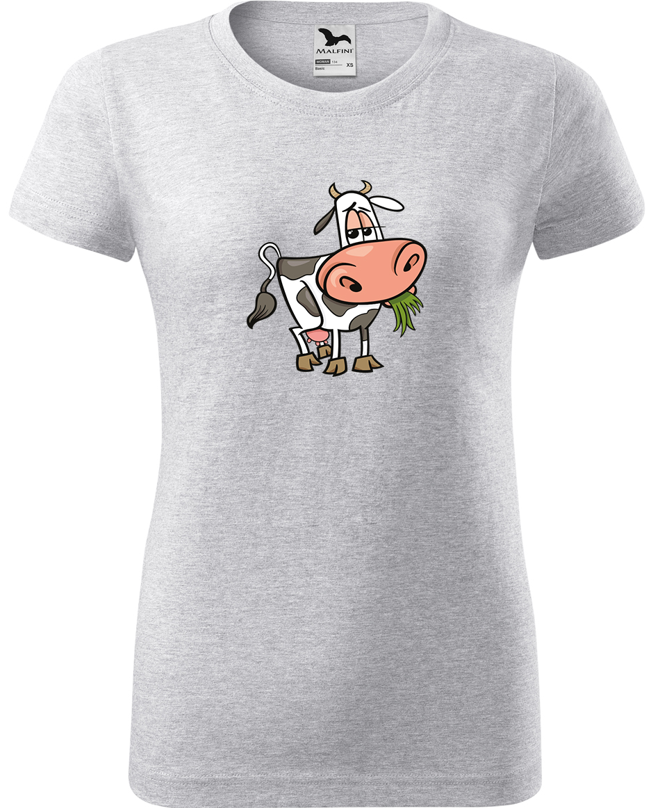 Dámské tričko s krávou - Obrázek spokojené krávy Velikost: S, Barva: Světle šedý melír (03), Střih: dámský